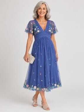 Modcloth Frock & Frill Crochet Embroidered Tulle Midi Dress Fairycore Blue Sz 6